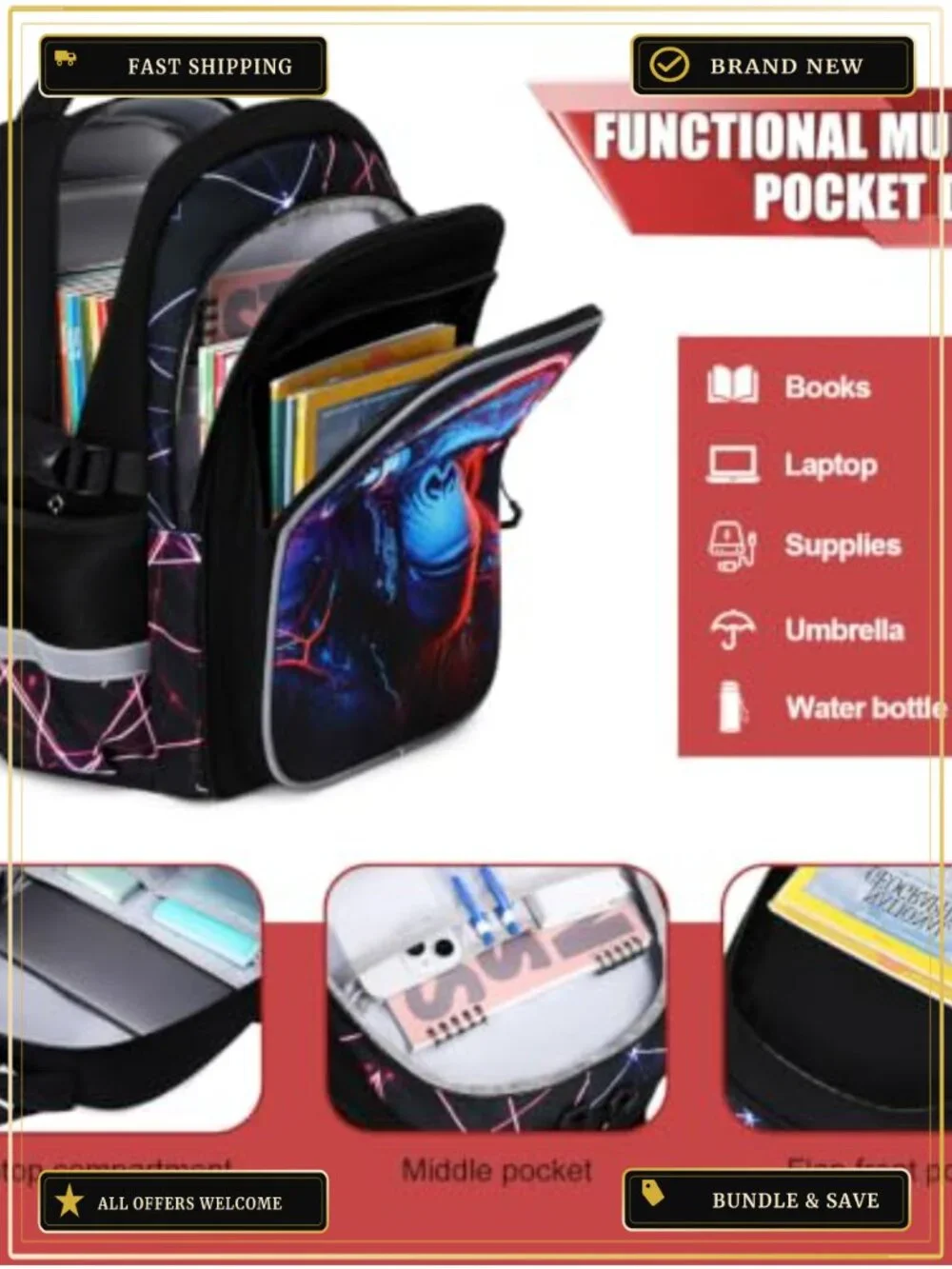 4-Piece Kids Backpack Set for Boys, Gaming Design, Insulated Lunch Bag, Sling